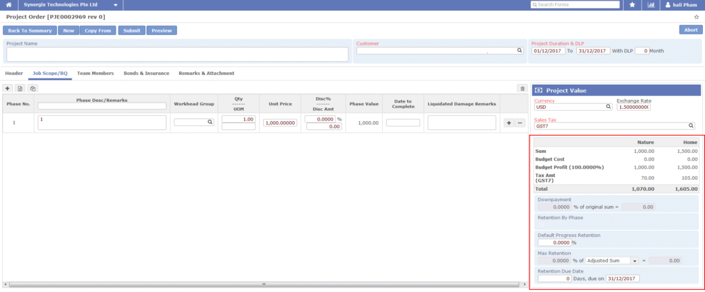 Synergix E1 Enterprise Resource Planning ERP system Project Order – UI Enhancement for Downpayment and Retention, and Retention by Phase