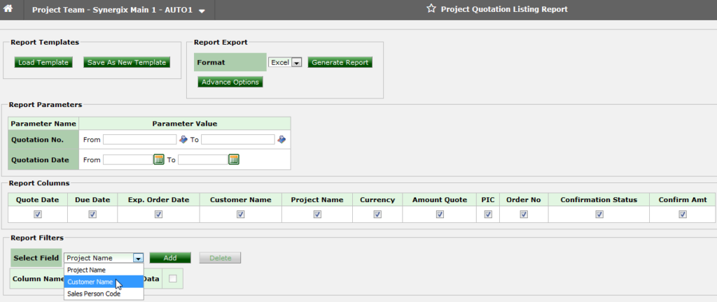 Quotation filter in Project Quotation Listing Report_ERP System Quotation filter in Project Quotation Listing Report_ERP System