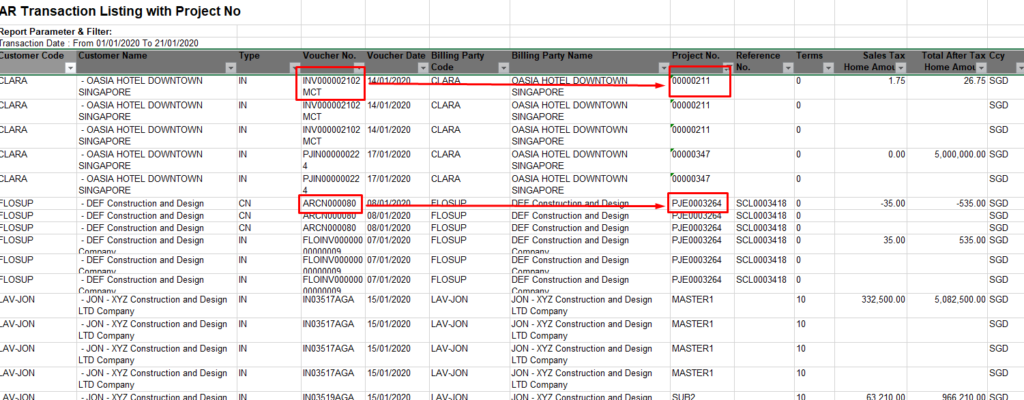 AR Transaction Listing with Project No_ERP System