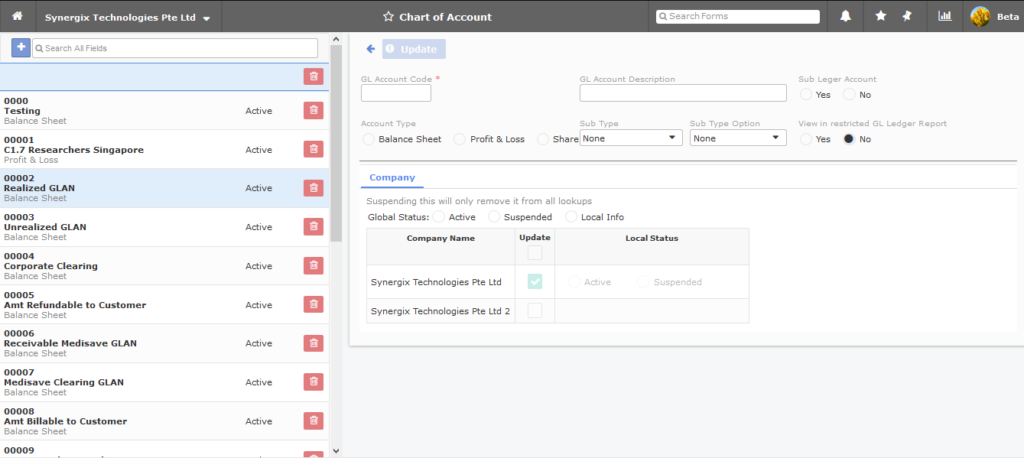 ERP system - chart of account