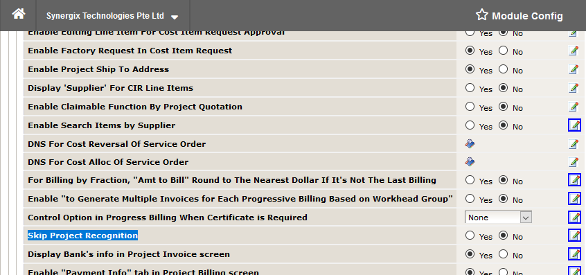 Skip Project Recognition module configuration ERP System