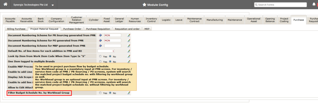 Module config - Filter Budget Schedule No. by Workhead Group Filter Budget Schedule No. by Workhead Group - ERP software
