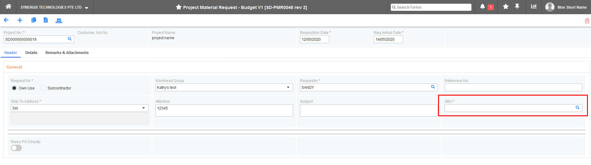SBU Security Control in Project Purchase Flow Header tab SBU Security Control in Project Purchase Flow Header tab