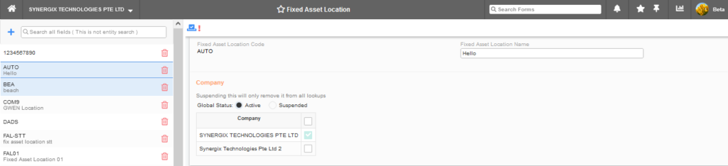 E2 Fixed Asset Location