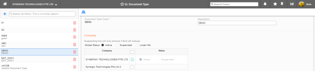 E2 General Ledger Document Type
