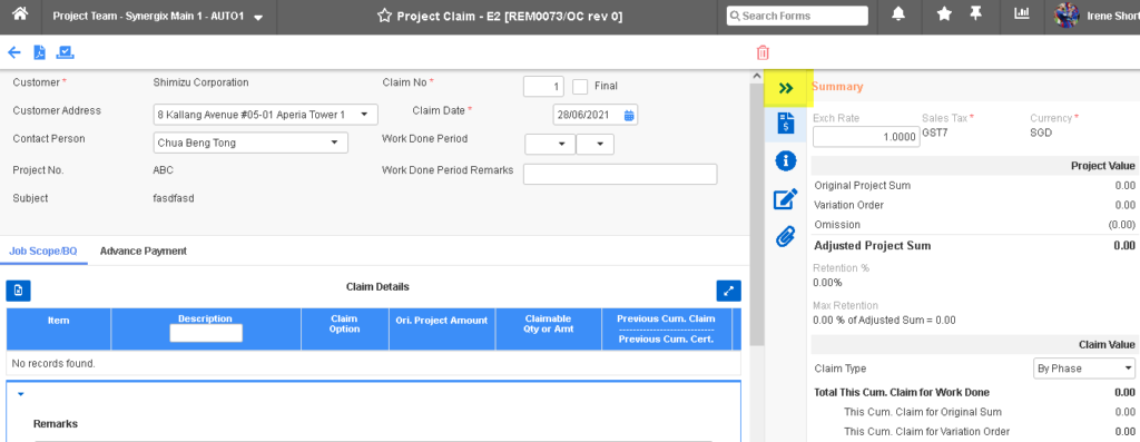 Collapse button in Project Claim screen