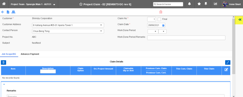 Expand button in Project Claim screen