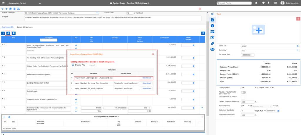 Popup Import Template Screen
