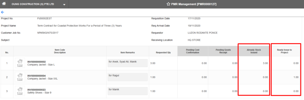 Outstanding Project Material Request Vouchers Widget 