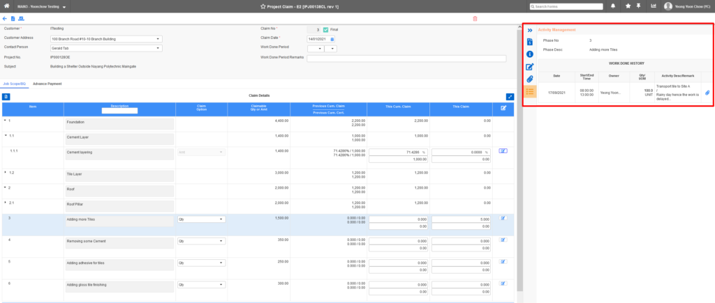 Link Project Activity Management to Project Claim screen Link Project Activity Management to Project Claim screen