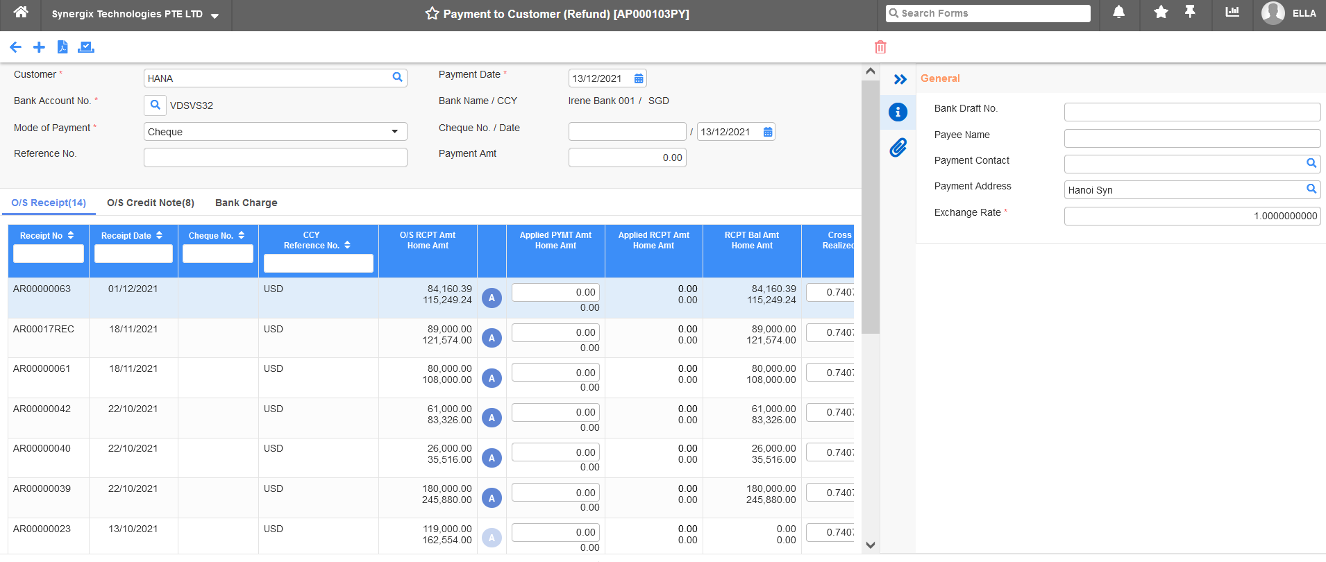 E2 Accounts Payable Payment Refund screen E2 Accounts Payable Payment Refund screen