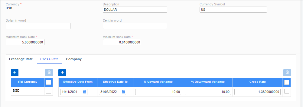 Cross Rate tab Cross Rate Tab
