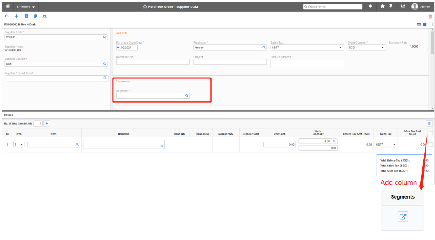 Direct project order & line item segment in Purchase Order screen