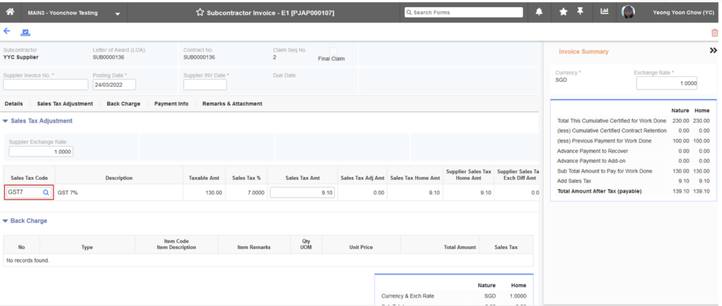 Changes in sales tax code in Subcon Invoice screen Changes in sales tax code in Subcon Invoice screen