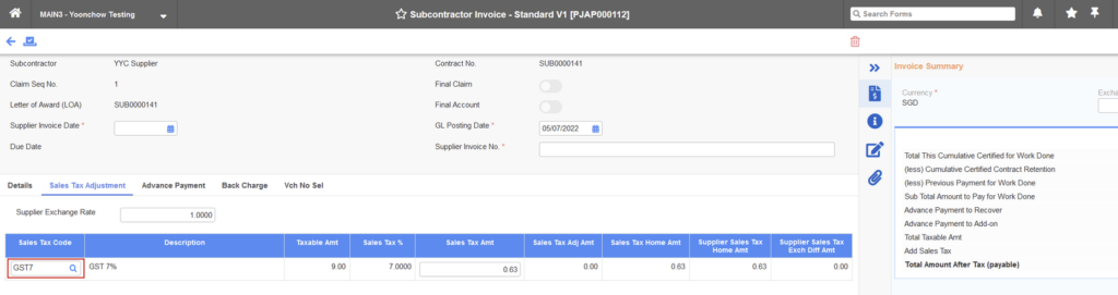 Changes in sales tax code in Subcon Invoice screen Changes in sales tax code in Subcon Invoice screen