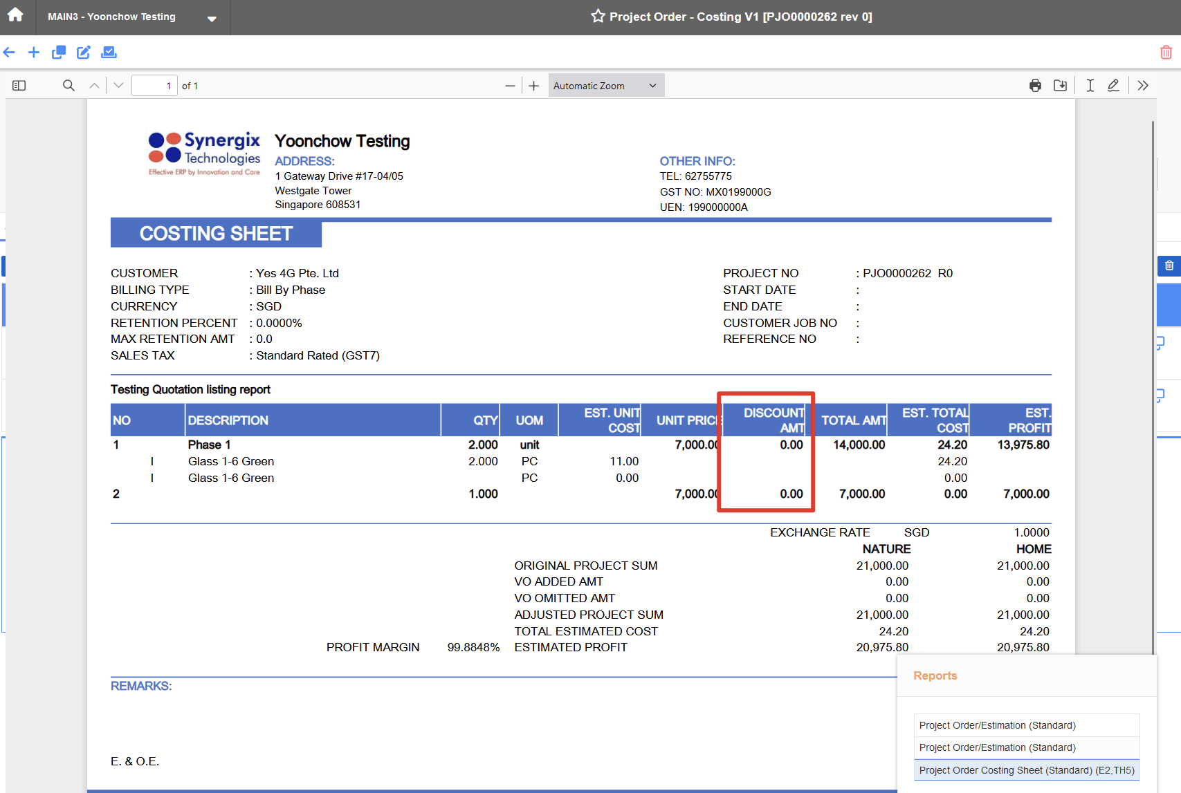 Costing sheet Business Format to hide/ display "Discount Amt" in Project Order screen Costing sheet Business Format to hide/ display "Discount Amt" in Project Order screen