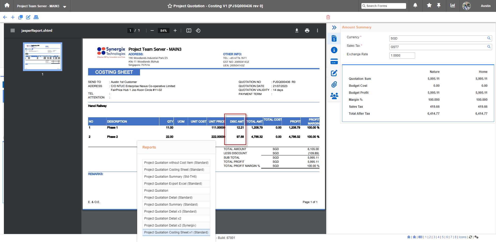 Costing sheet Business Format to display "Disc Amt" in Project Quotation screen Costing sheet Business Format to display "Disc Amt" in Project Quotation screen