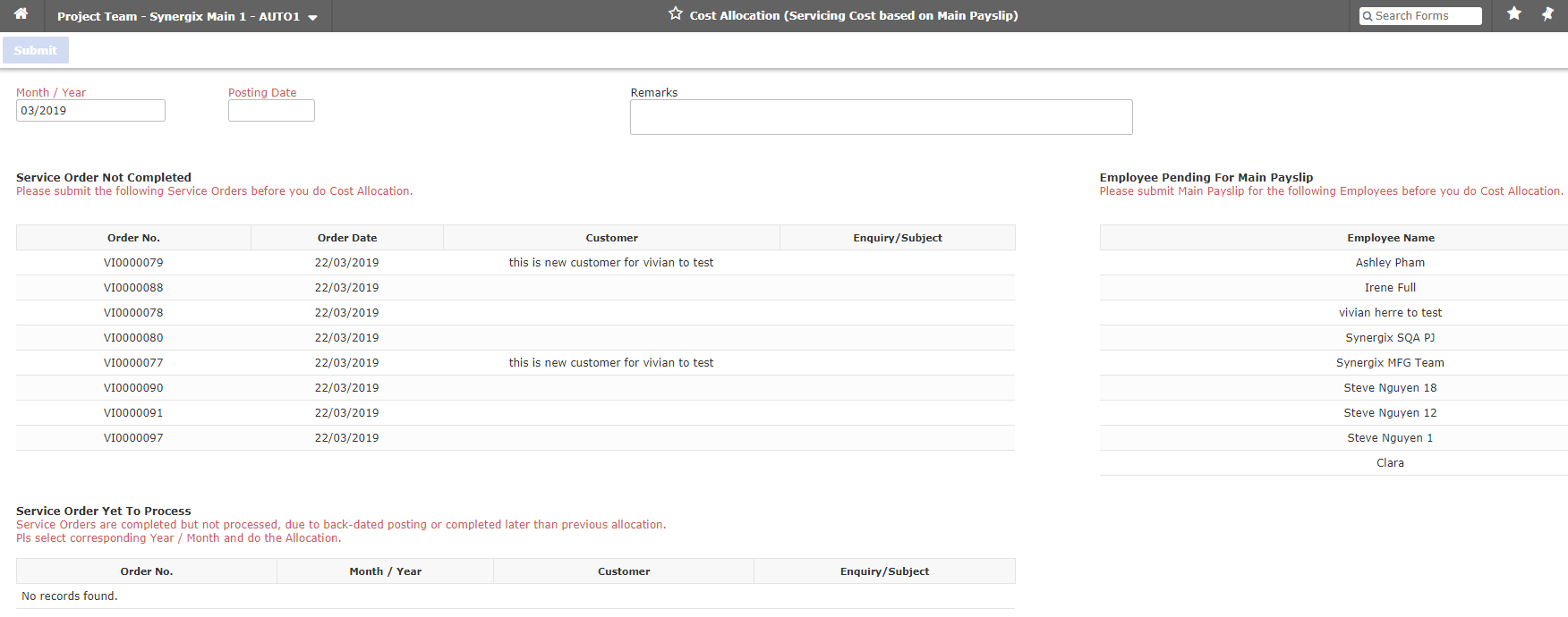Service Cost Allocation to Project - Synergix E1 ERP System Updates | August 2019