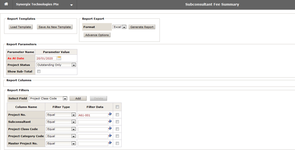 Subconsultant Fee Summary 1024x521 - Synergix E1 ERP System Updates | January 2020