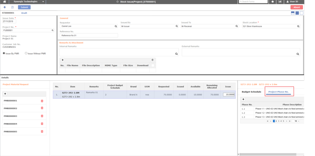 Tagging of Project Phase No on Stock Issue 1024x509 - Synergix ERP Software Updates | June 2020