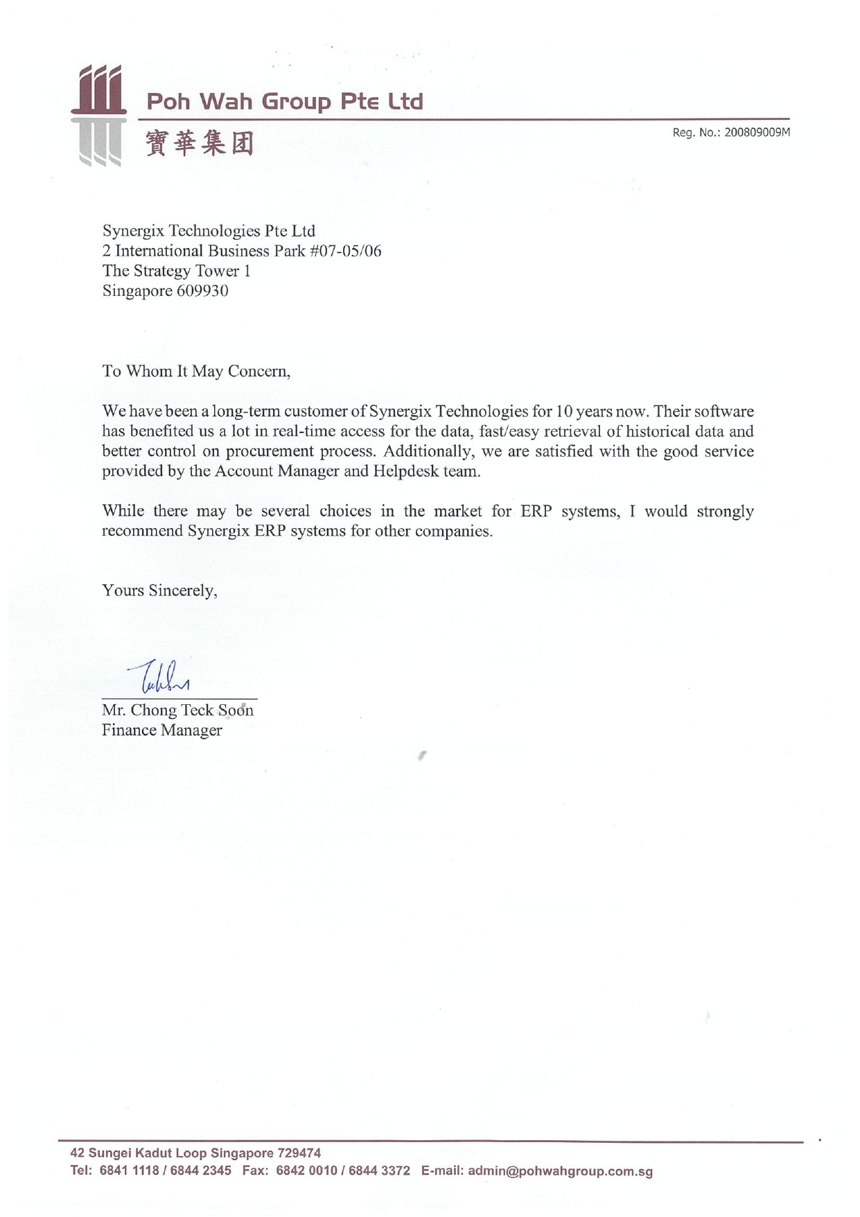 Poh Wah Group Testimonial page 0001 - Poh Wah Group Pte Ltd