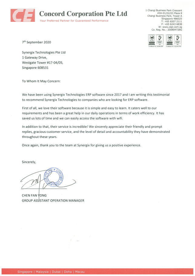 Client Testimonial Concord Corporation - Concord Corporation Pte Ltd
