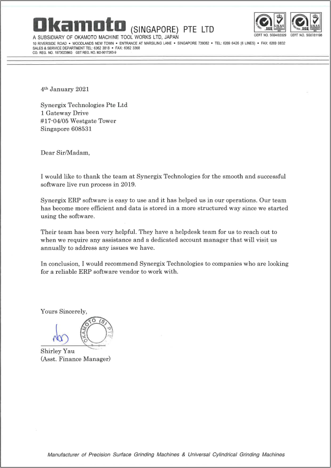 Testimonial Okamoto - Okamoto (Singapore) Pte Ltd