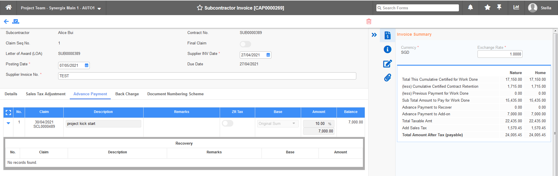 E1 E2 Subcon Advance Payment with and without tax 3 - Synergix ERP Software Updates &ndash; April 2021