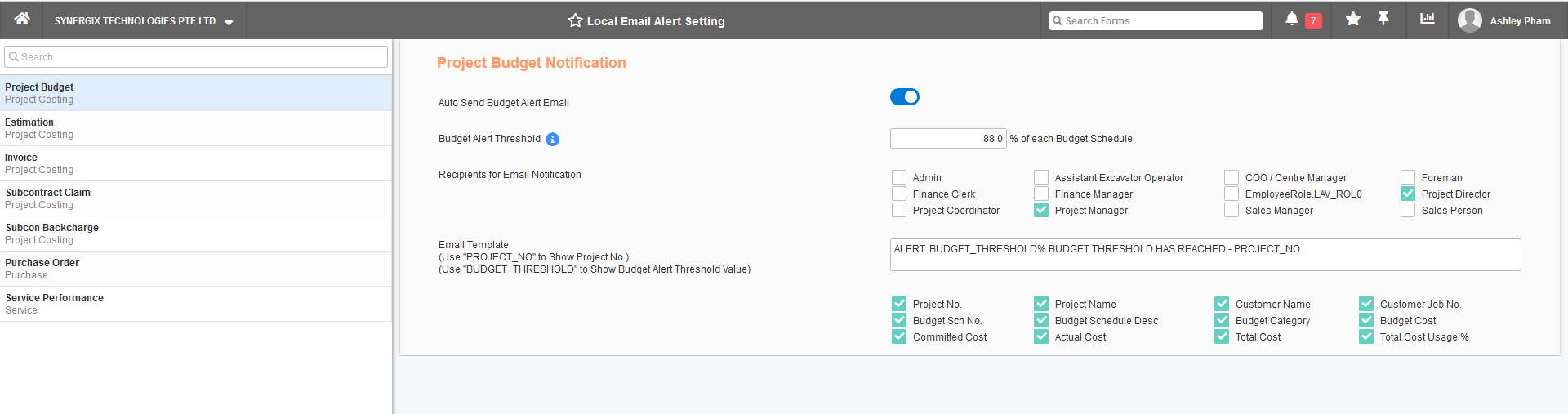 Auto Send Budget Alert Email - Synergix ERP Software Updates - July 2021