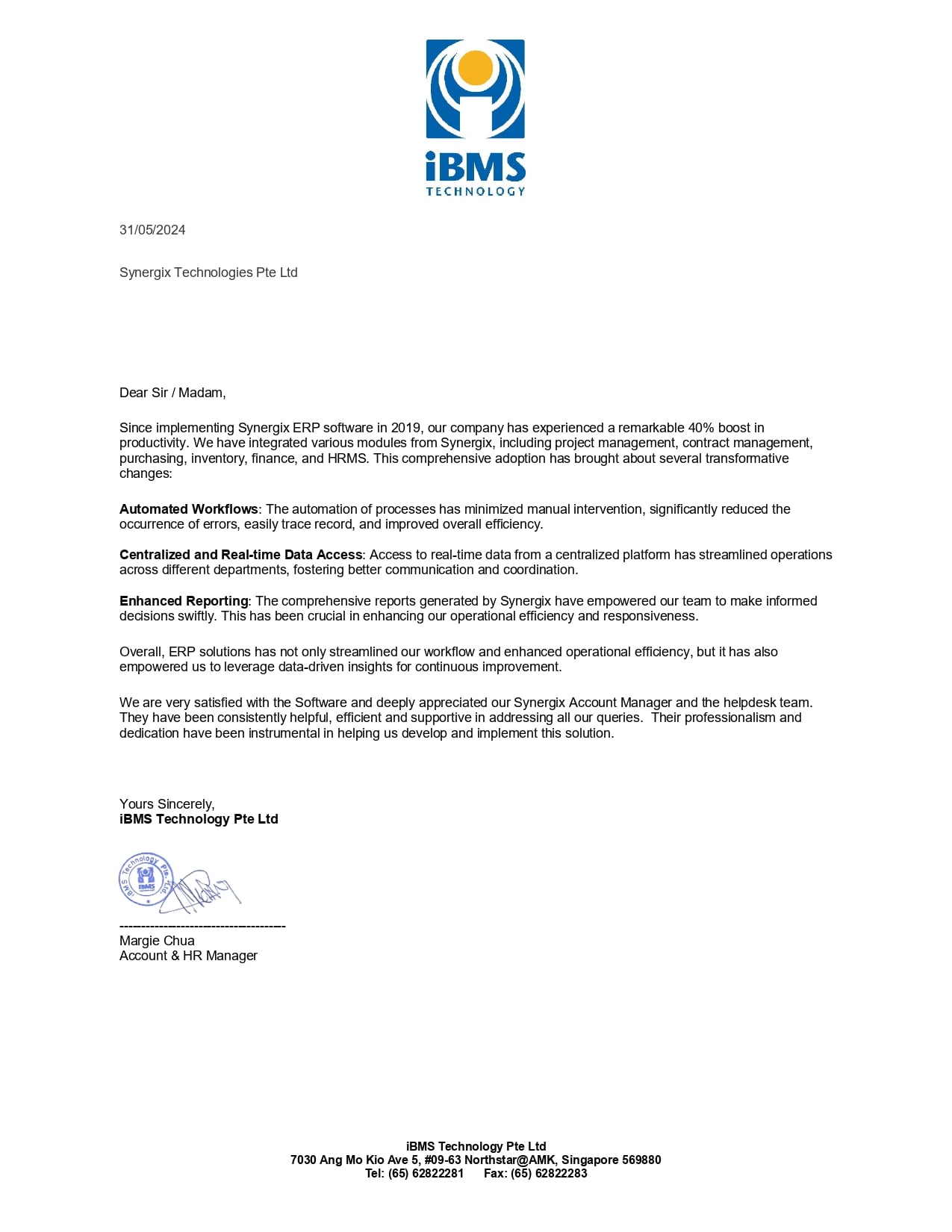 iBMS Technology Pte Ltd testimonial - iBMS Technology Pte Ltd