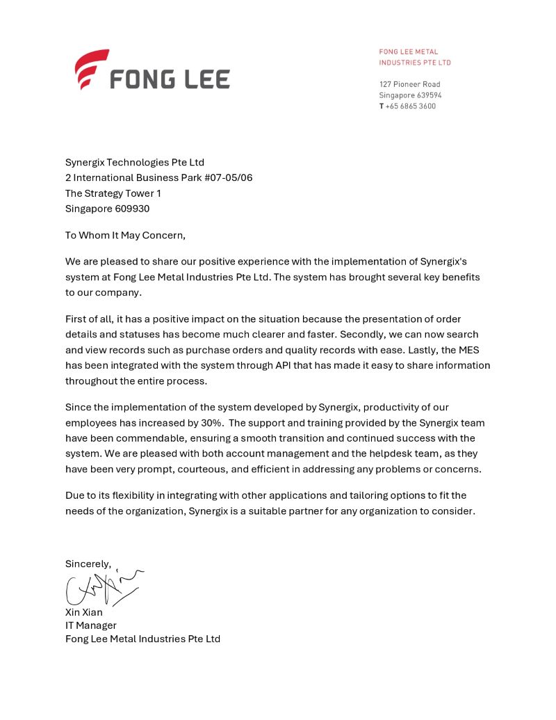 Testimonial Fong Lee Industries Pte Ltd - บริษัท ฟง ลี เมทัล อินดัสทรีส์ จำกัด