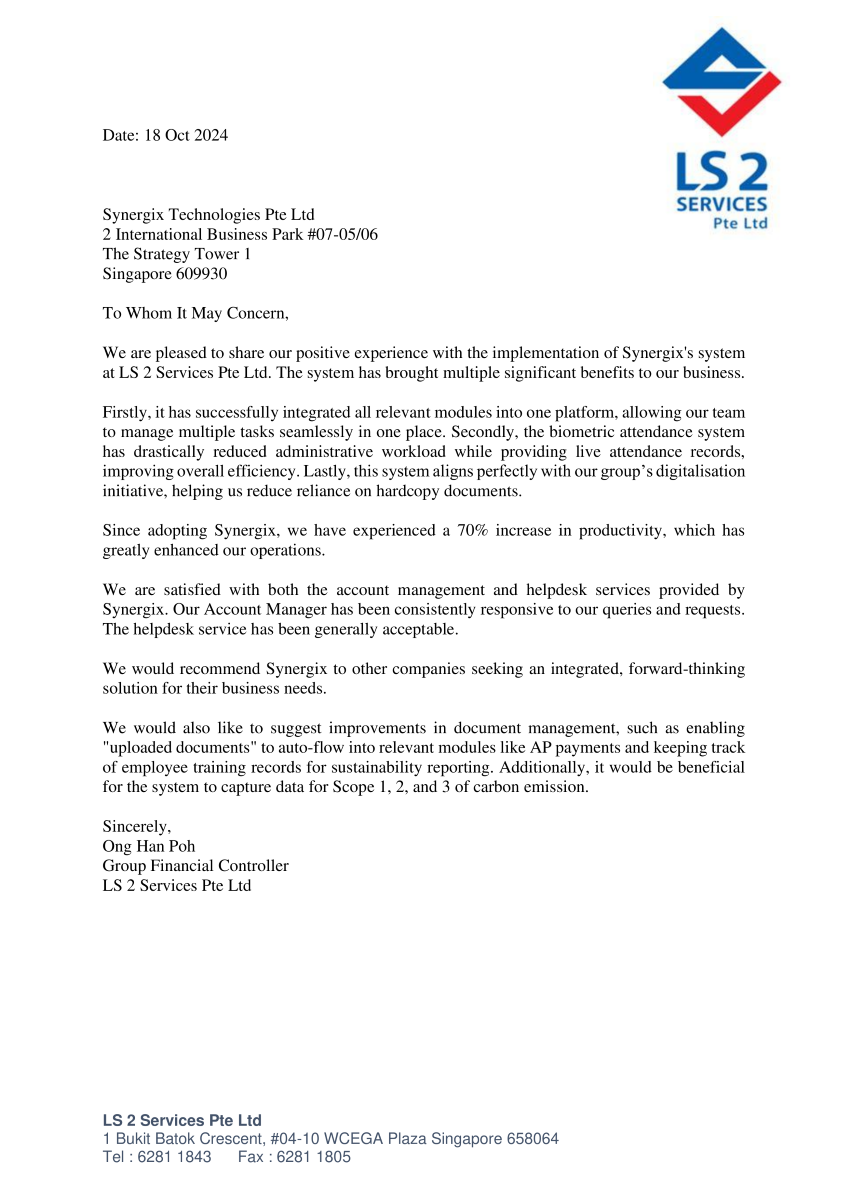 Testimonial Synergix1 - บริษัท แอลเอส 2 เซอร์วิสเซส จำกัด