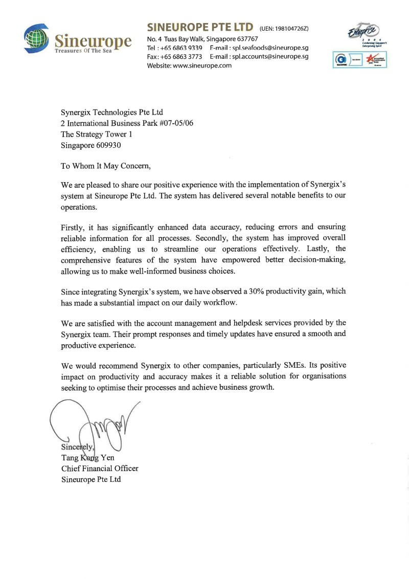 Sineurope Signed Testimonial Letter - บริษัท ซินยูโรป จำกัด