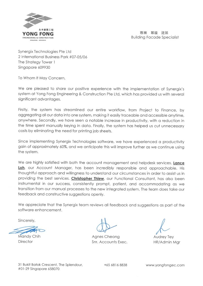 Testimonial Yong Fong - Yong Fong Engineering & Construction Pte Ltd