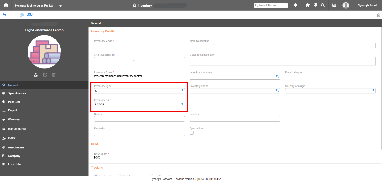 100339188 Add Inventory Main Category and Size to Inventory Master - Synergix ERP Software Updates | February 2025