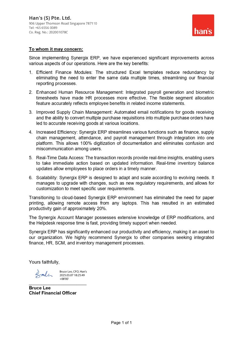 hans pte ltd testimonial - บริษัท ฮั่นส์ (เอส) พีทีอี จำกัด